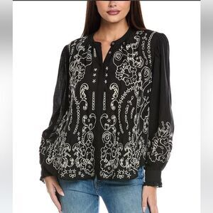 Johnny Was Women's Kivi Blouse Black Embroidered NWT XL